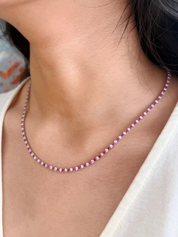 Ruby Pink and White Tennis Necklace
