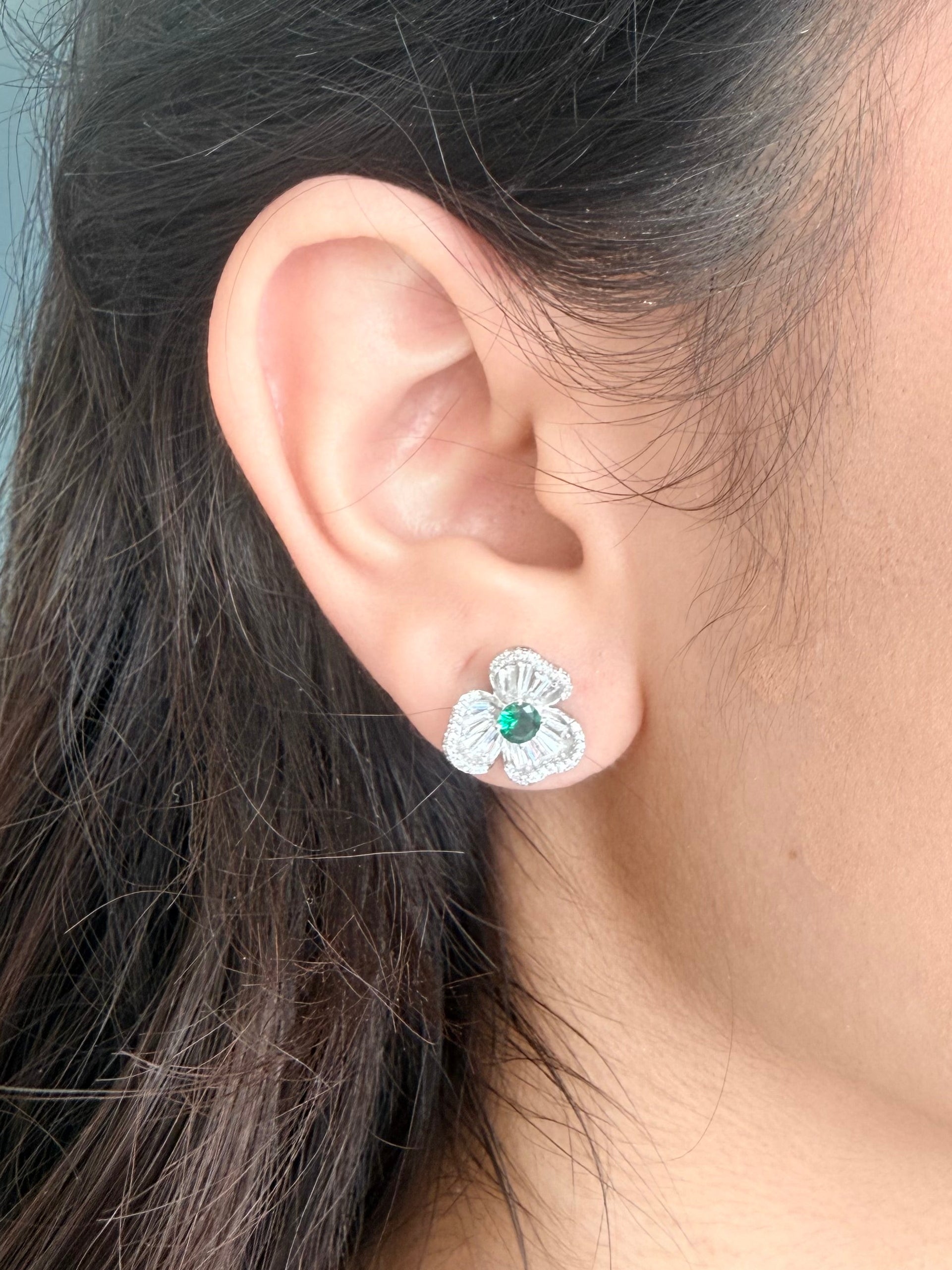 Flower Earrings with Green Stone